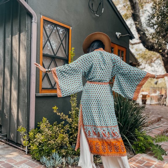Boho Paisley Bohemian Romantic Turquoise Kimono - Picture 2 of 10